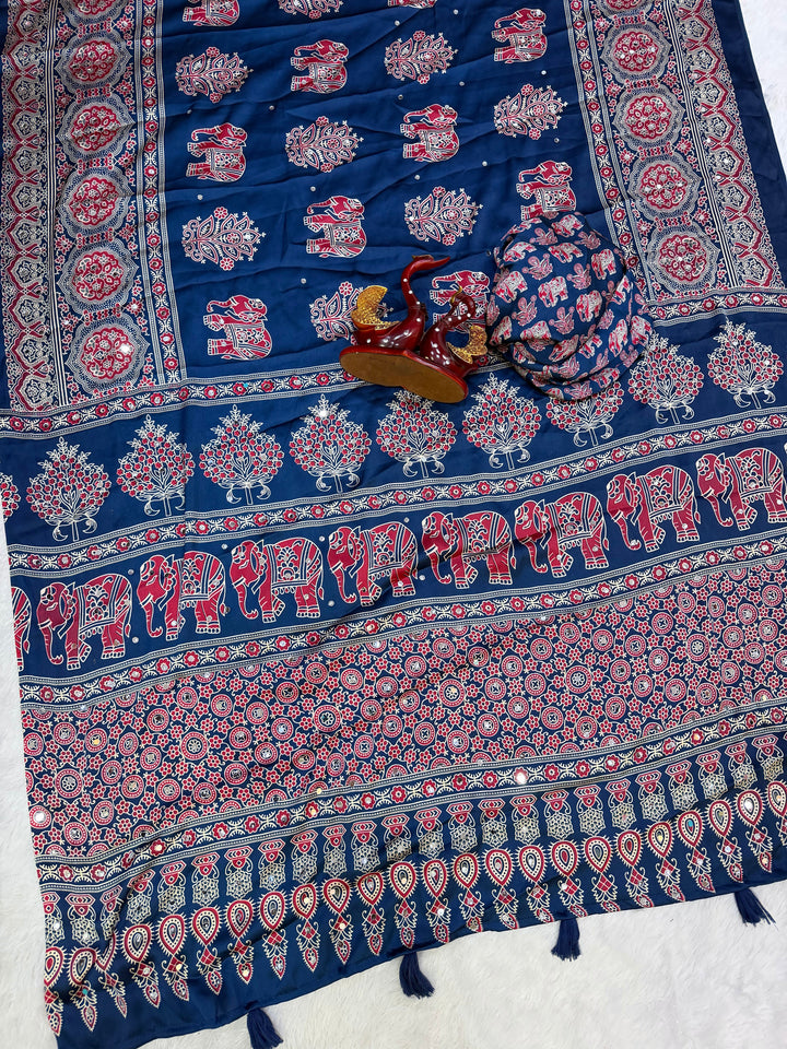 Royal Blue Modal Silk Saree with Elephant Motif Heritage Print & Designer Pallu | Traditional Festive Wear Saree