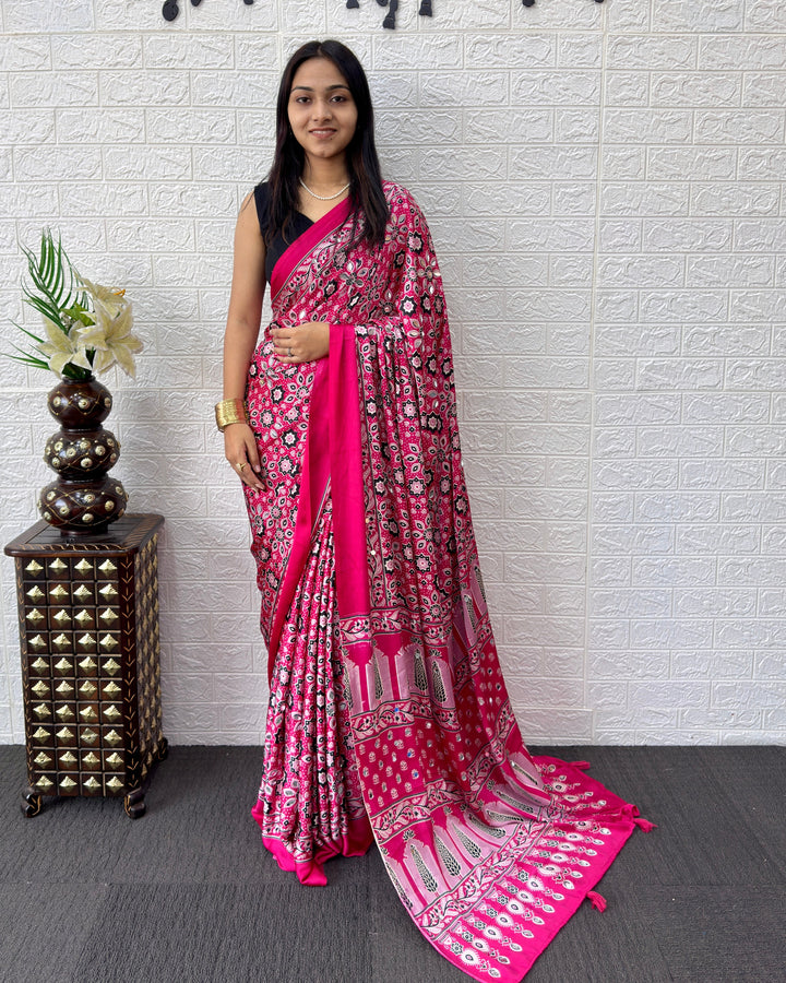 Rani Pink Modal Silk Saree with Geometric Floral Print & Heritage Designer Pallu | Festive & Party Wear Saree