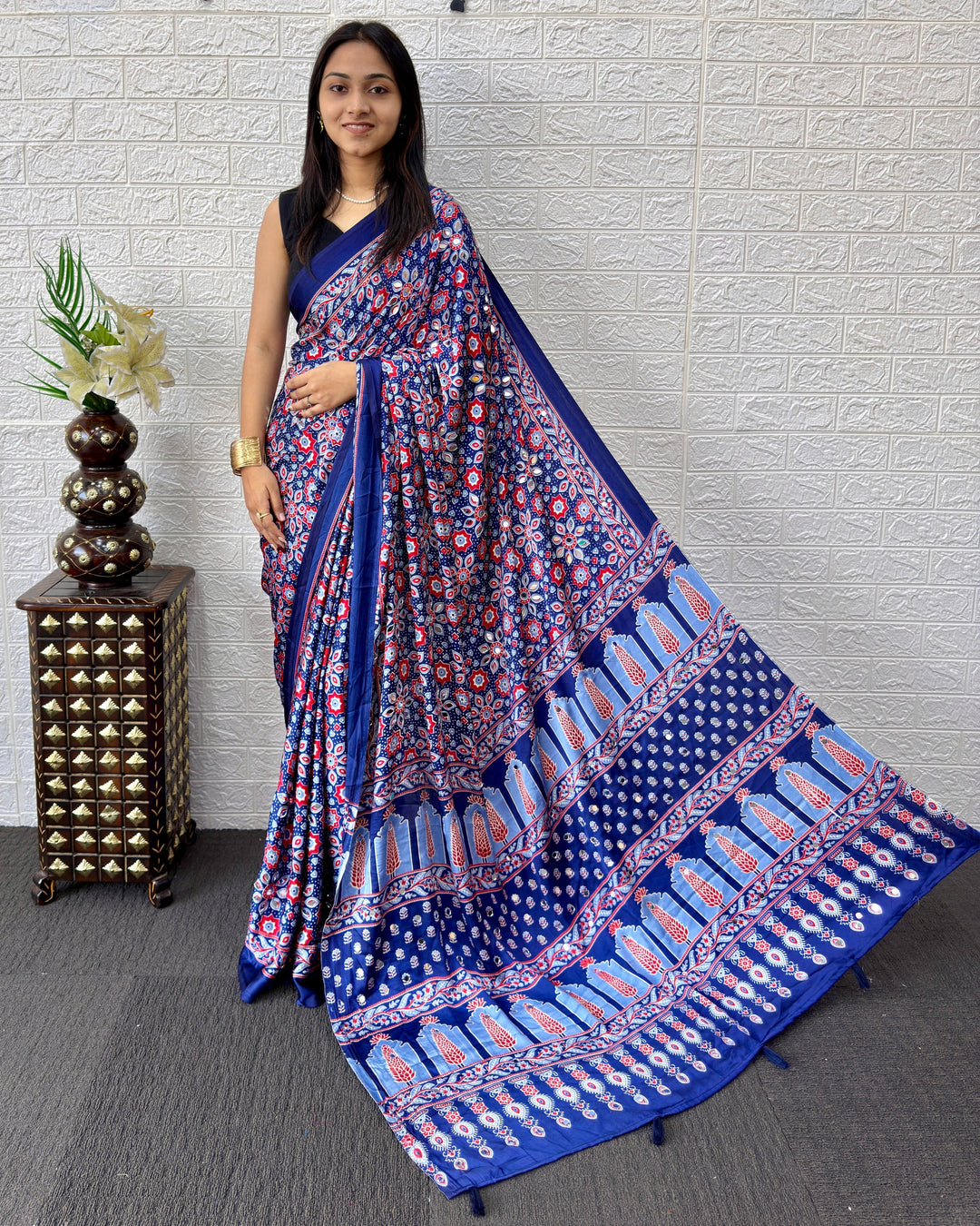 Royal Blue Modal Silk Saree with Geometric Floral Print & Heritage Designer Pallu | Festive & Party Wear Saree