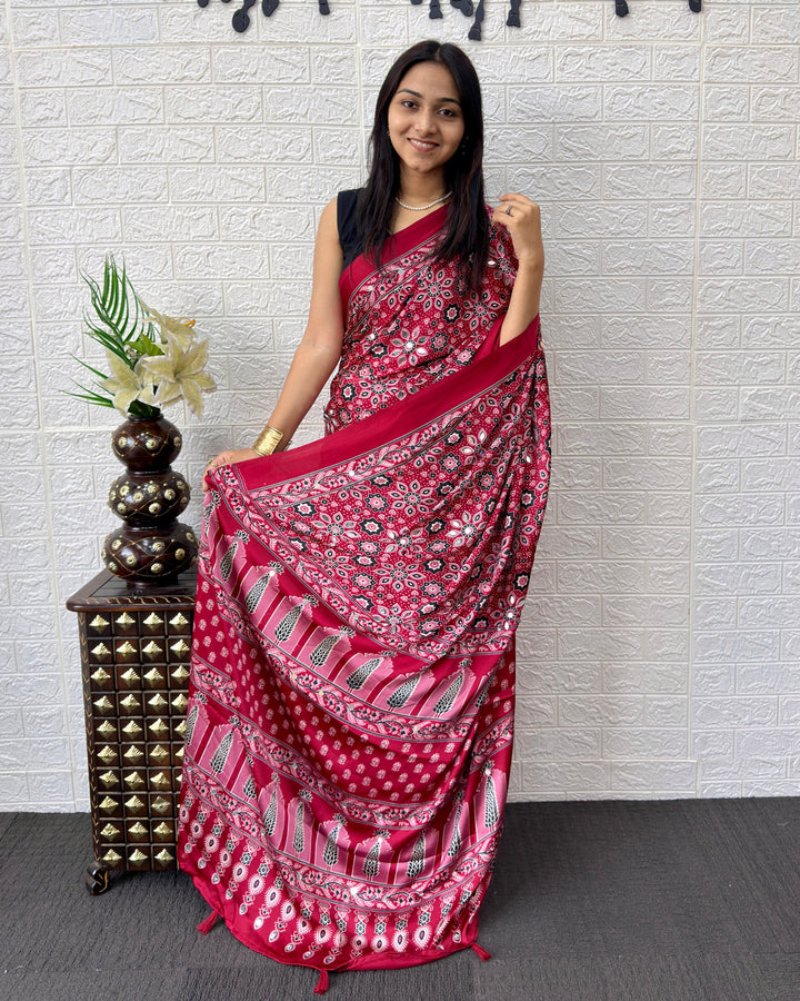 Red Modal Silk Saree with Geometric Floral Print & Heritage Designer Pallu | Festive & Party Wear Saree