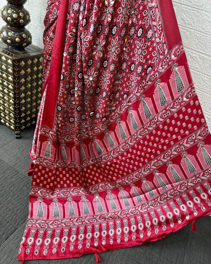 Red Modal Silk Saree with Geometric Floral Print & Heritage Designer Pallu | Festive & Party Wear Saree