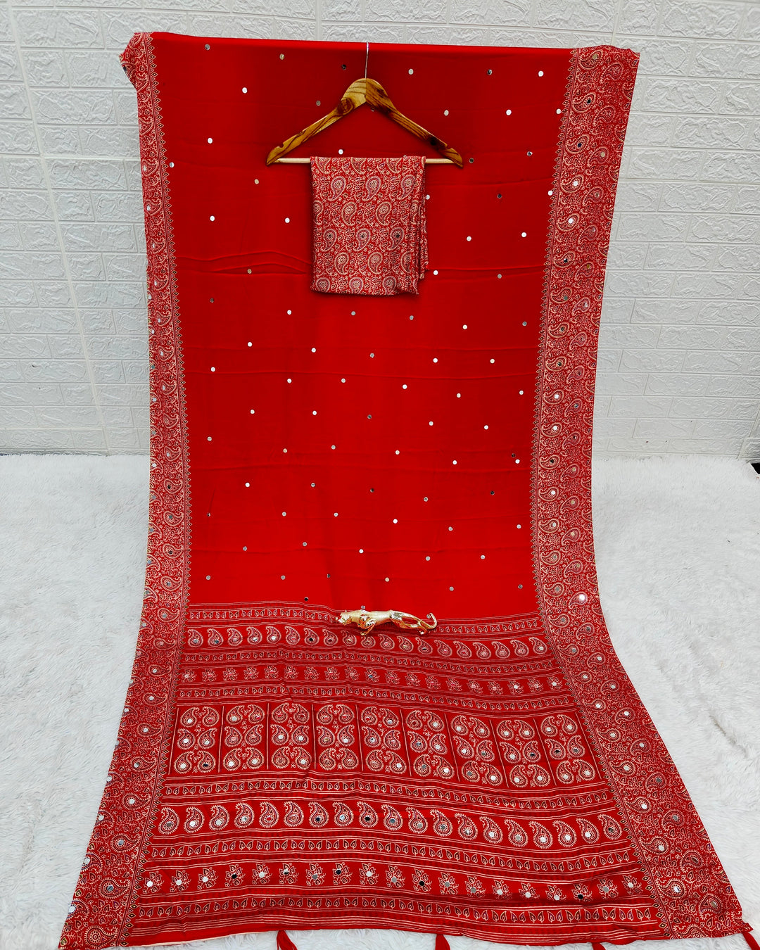Red Satin Silk Saree with Kashmiri Paisley Print Pallu & Designer Border | Festive & Wedding Wear Saree
