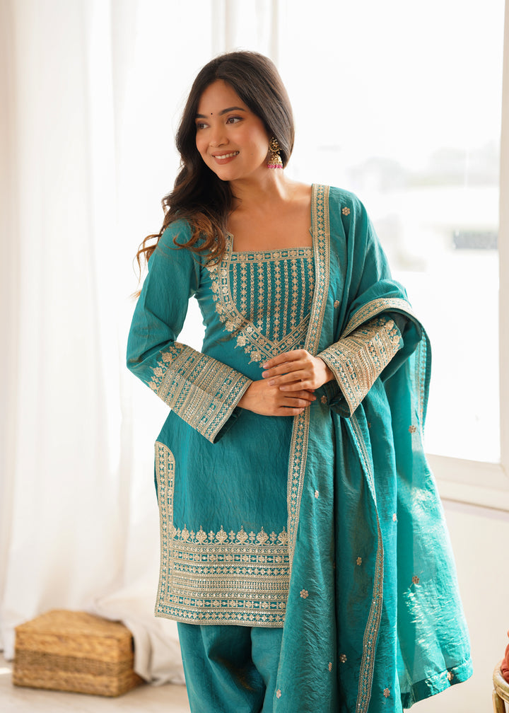 Women’s Teal Blue Embroidered Kurta Salwar Set with Dupatta – Festive Ethnic Wear