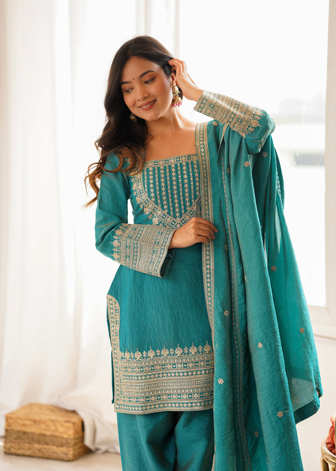 Women’s Teal Blue Embroidered Kurta Salwar Set with Dupatta – Festive Ethnic Wear