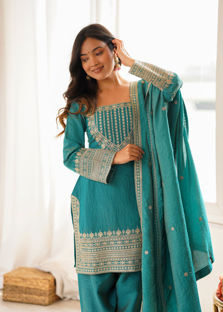 Women’s Teal Blue Embroidered Kurta Salwar Set with Dupatta – Festive Ethnic Wear