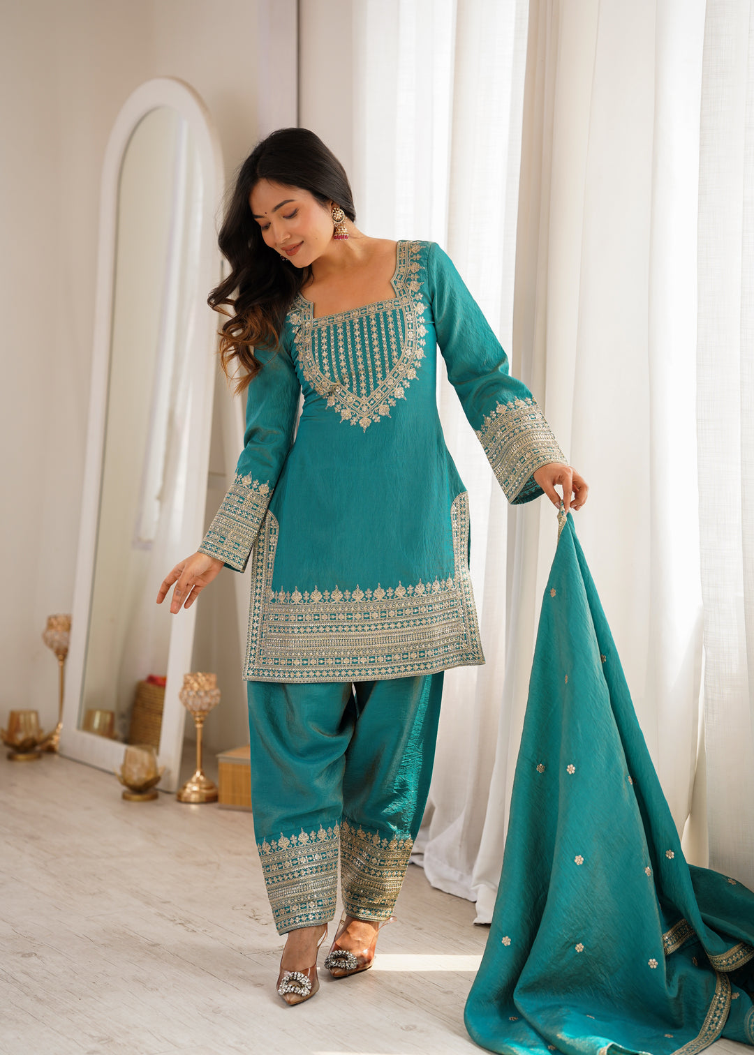 Women’s Teal Blue Embroidered Kurta Salwar Set with Dupatta – Festive Ethnic Wear