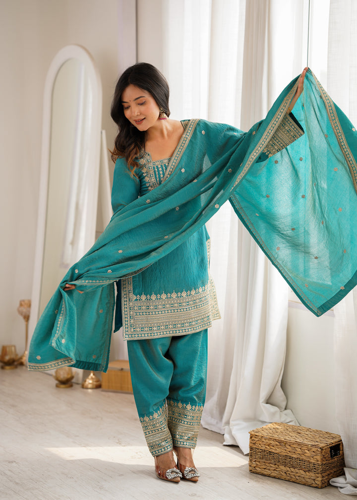 Women’s Teal Blue Embroidered Kurta Salwar Set with Dupatta – Festive Ethnic Wear