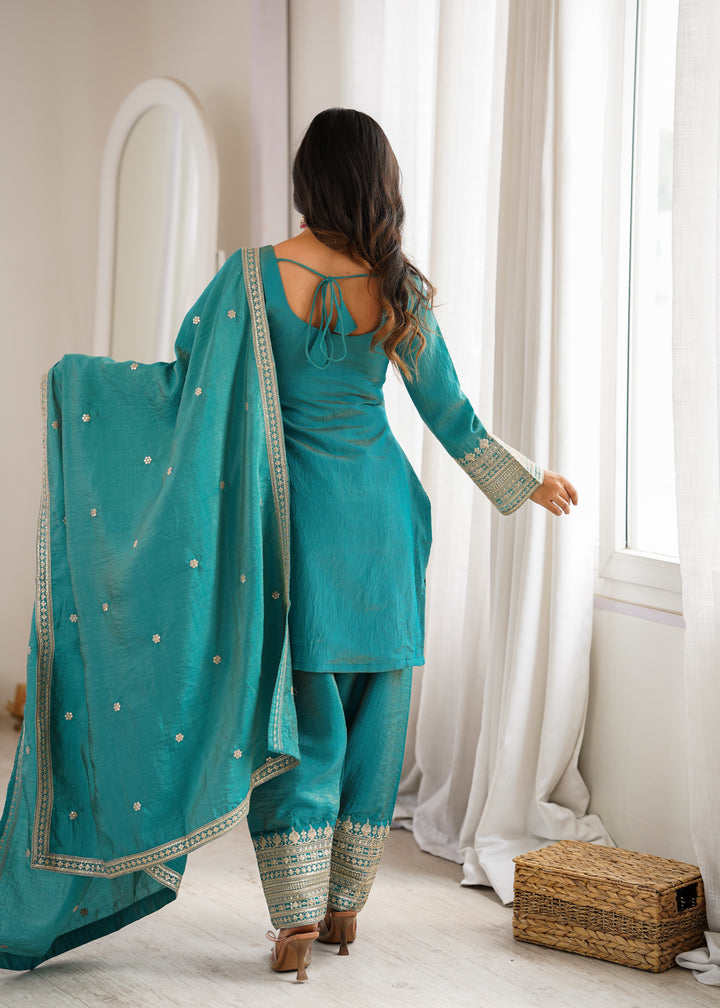 Women’s Teal Blue Embroidered Kurta Salwar Set with Dupatta – Festive Ethnic Wear