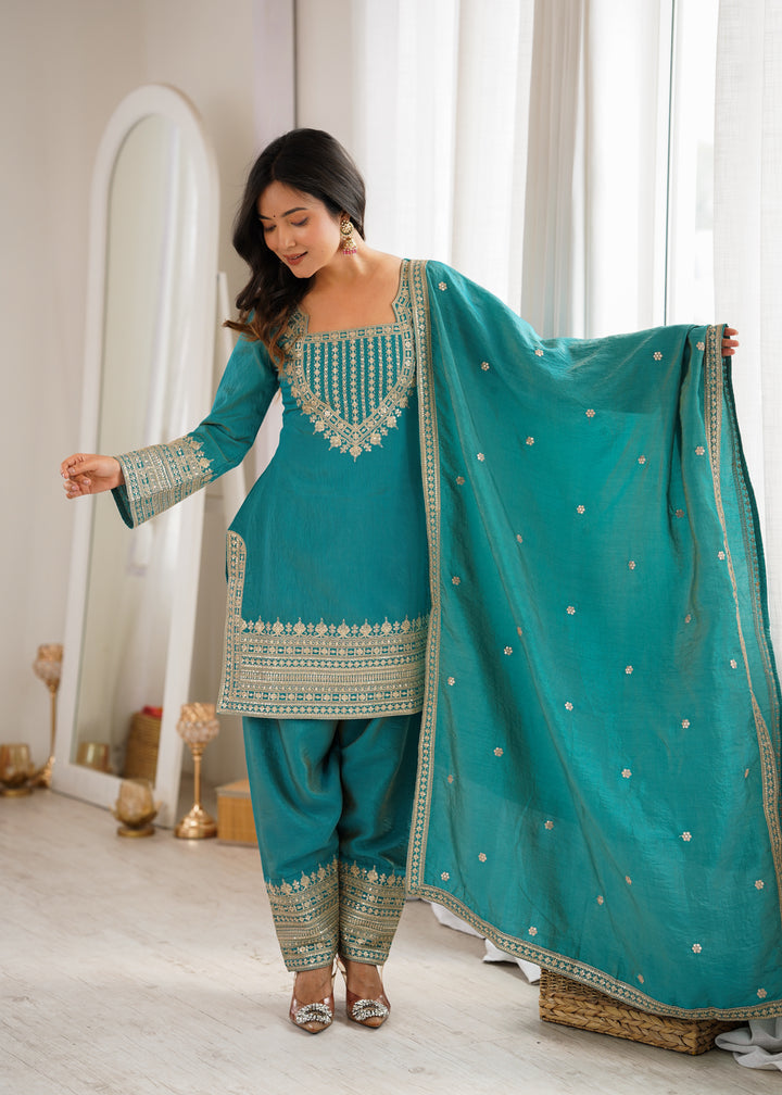 Women’s Teal Blue Embroidered Kurta Salwar Set with Dupatta – Festive Ethnic Wear