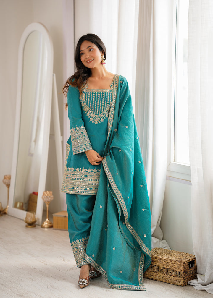 Women’s Teal Blue Embroidered Kurta Salwar Set with Dupatta – Festive Ethnic Wear