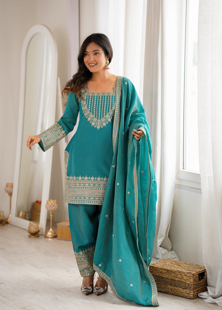 Women’s Teal Blue Embroidered Kurta Salwar Set with Dupatta – Festive Ethnic Wear