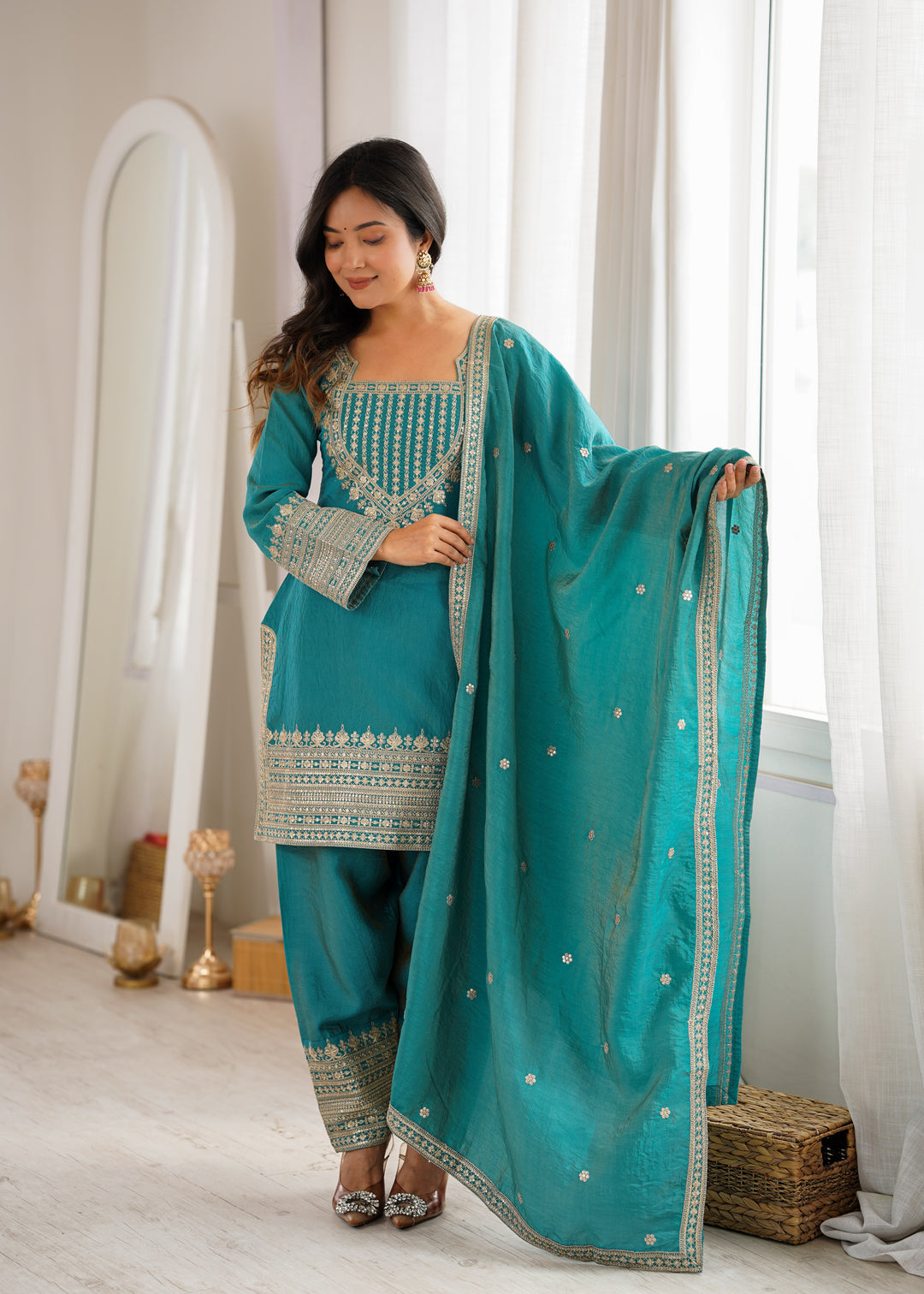 Women’s Teal Blue Embroidered Kurta Salwar Set with Dupatta – Festive Ethnic Wear