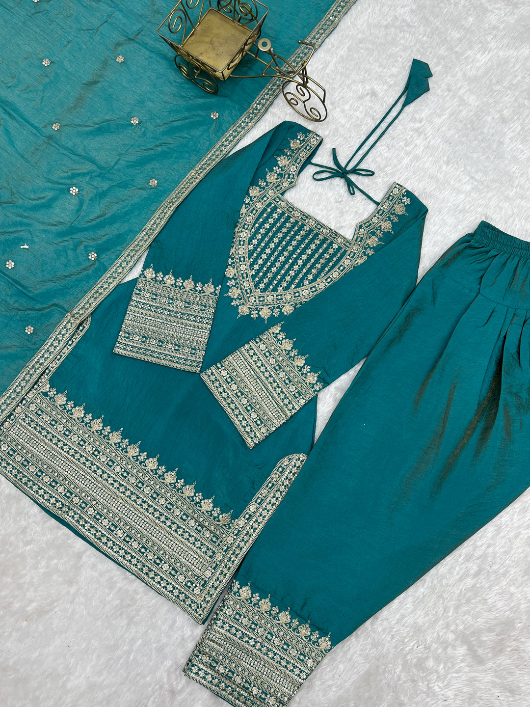 Women’s Teal Blue Embroidered Kurta Salwar Set with Dupatta – Festive Ethnic Wear