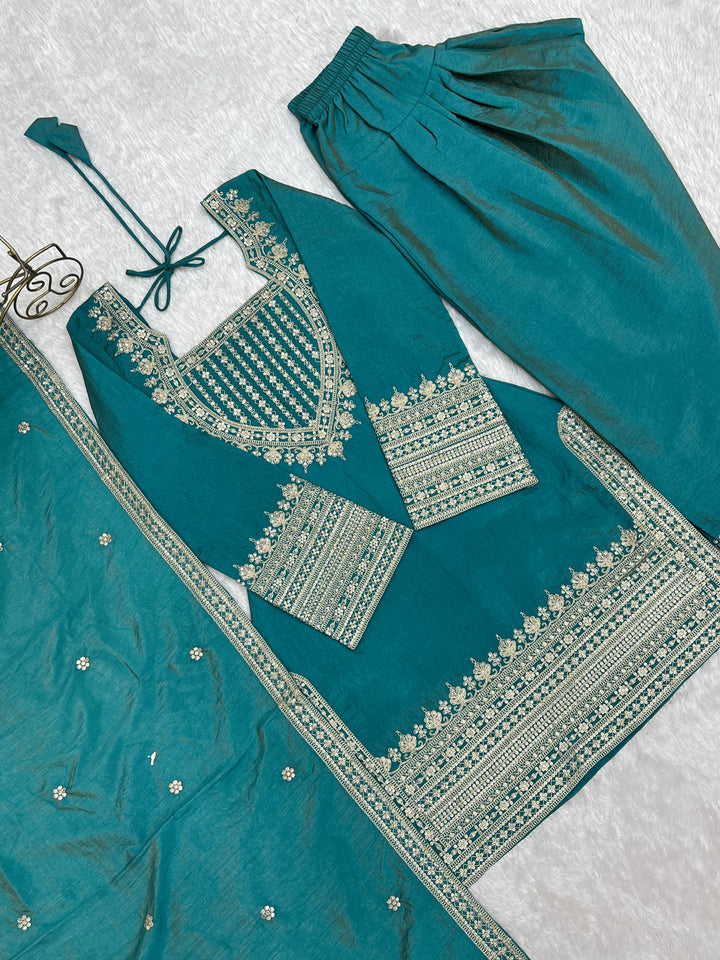 Women’s Teal Blue Embroidered Kurta Salwar Set with Dupatta – Festive Ethnic Wear