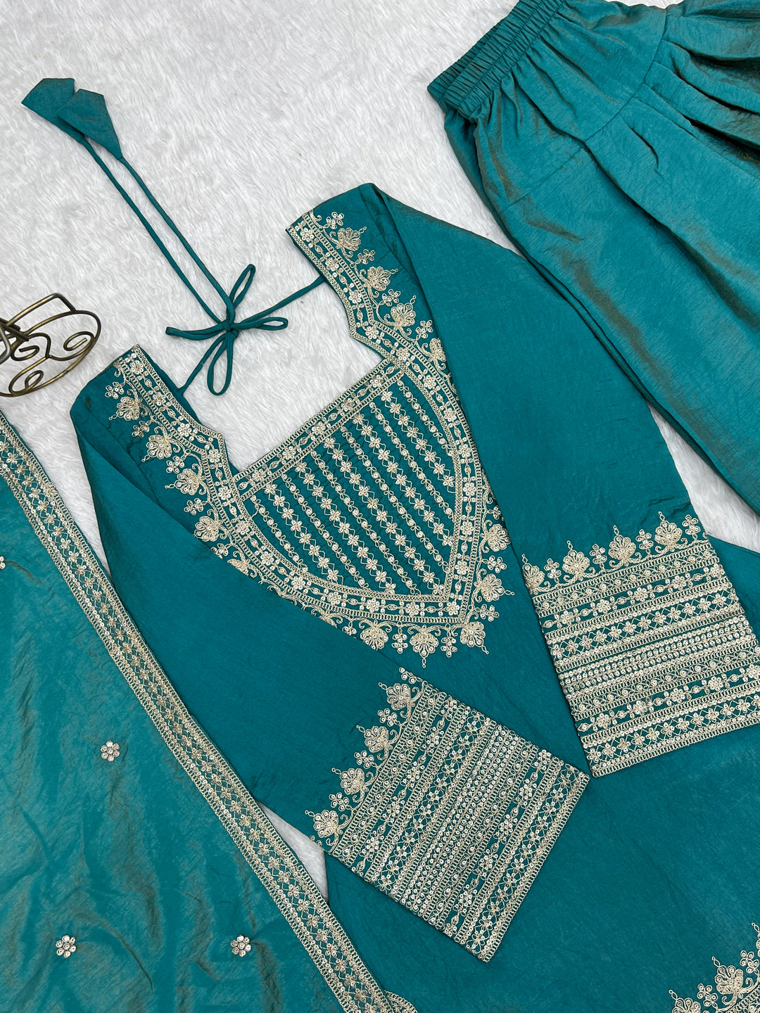 Women’s Teal Blue Embroidered Kurta Salwar Set with Dupatta – Festive Ethnic Wear