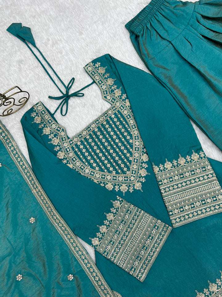 Women’s Teal Blue Embroidered Kurta Salwar Set with Dupatta – Festive Ethnic Wear