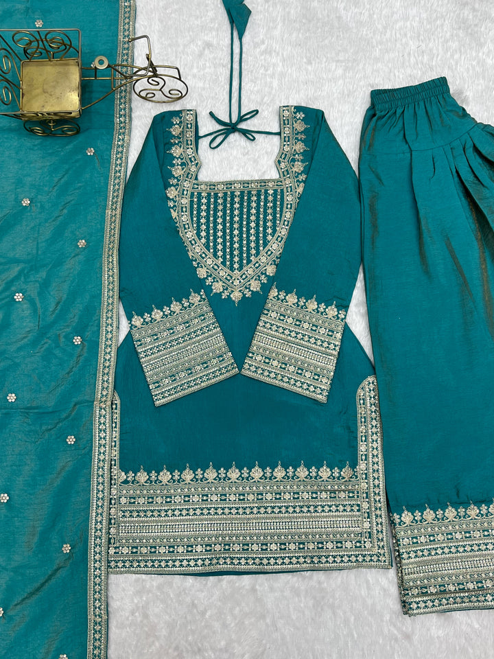Women’s Teal Blue Embroidered Kurta Salwar Set with Dupatta – Festive Ethnic Wear