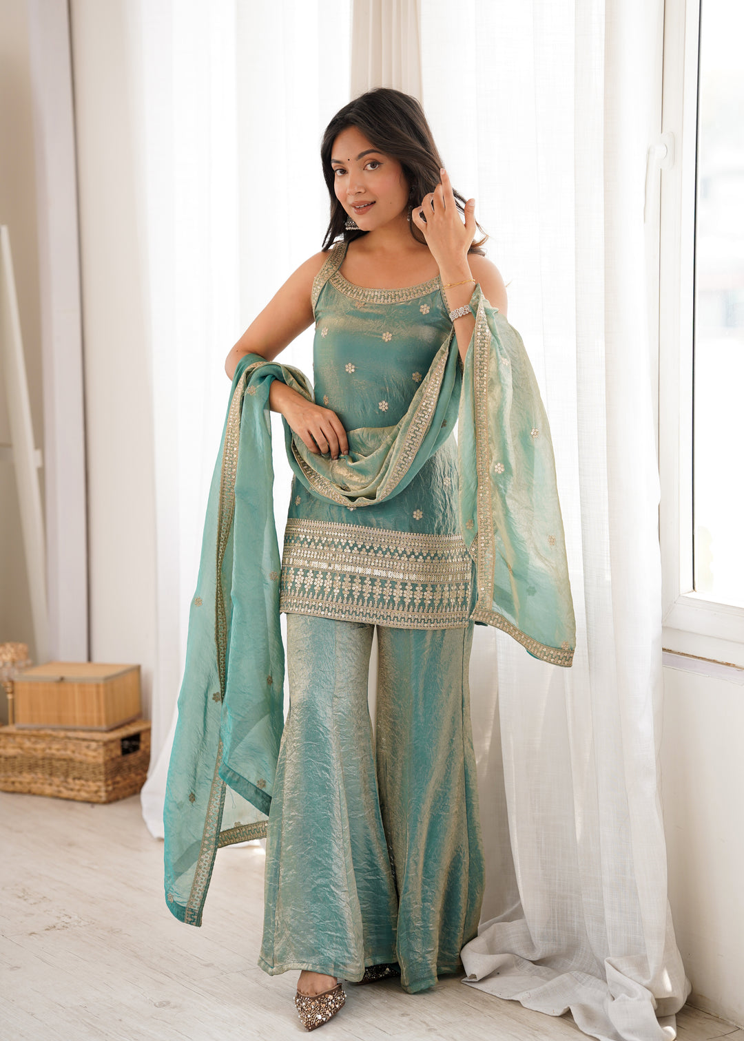 Elegant Sea Green Embroidered Kurta Set with Palazzo & Dupatta for Women