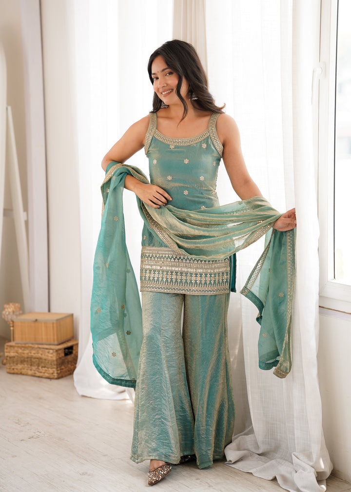 Elegant Sea Green Embroidered Kurta Set with Palazzo & Dupatta for Women