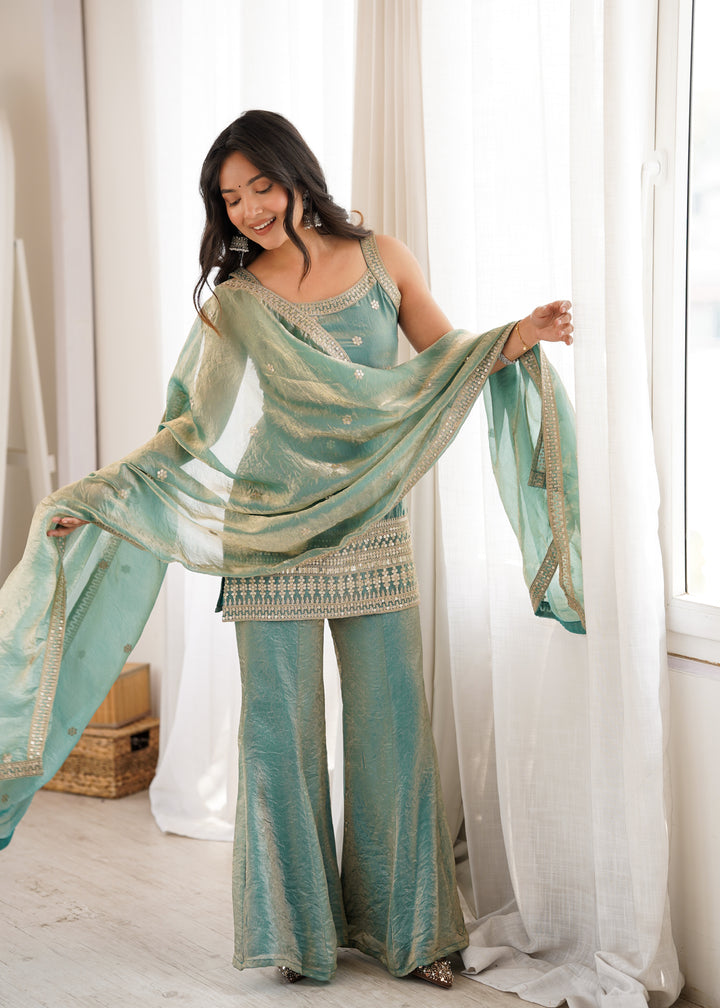Elegant Sea Green Embroidered Kurta Set with Palazzo & Dupatta for Women