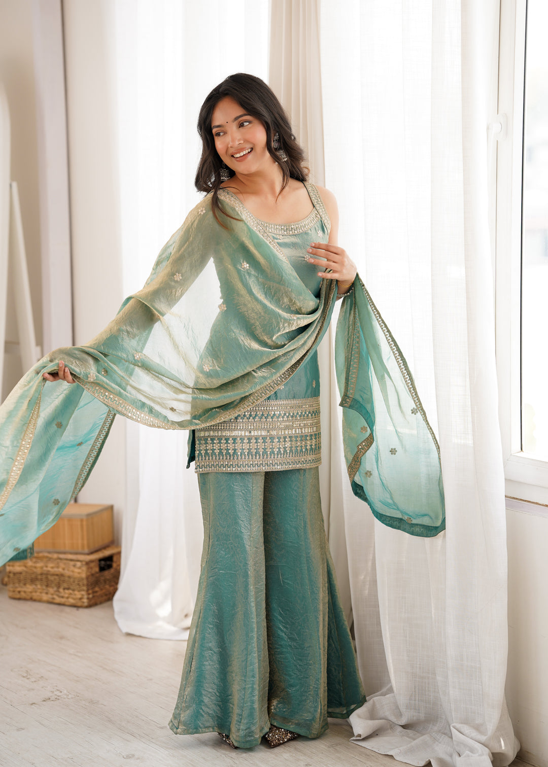 Elegant Sea Green Embroidered Kurta Set with Palazzo & Dupatta for Women