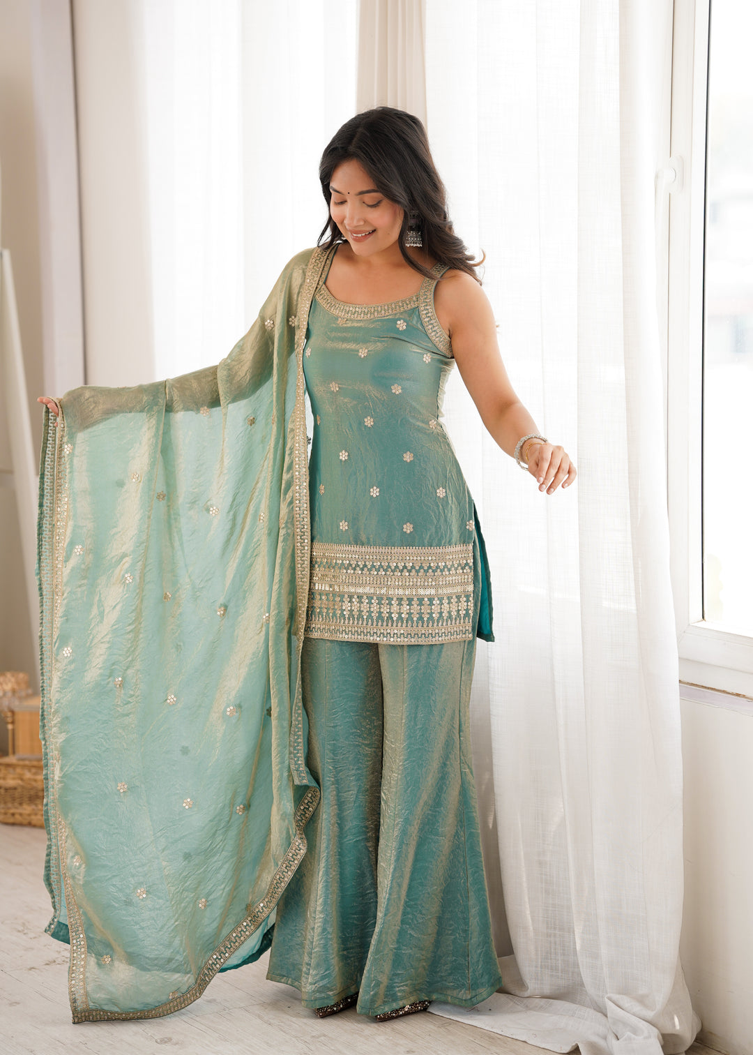 Elegant Sea Green Embroidered Kurta Set with Palazzo & Dupatta for Women