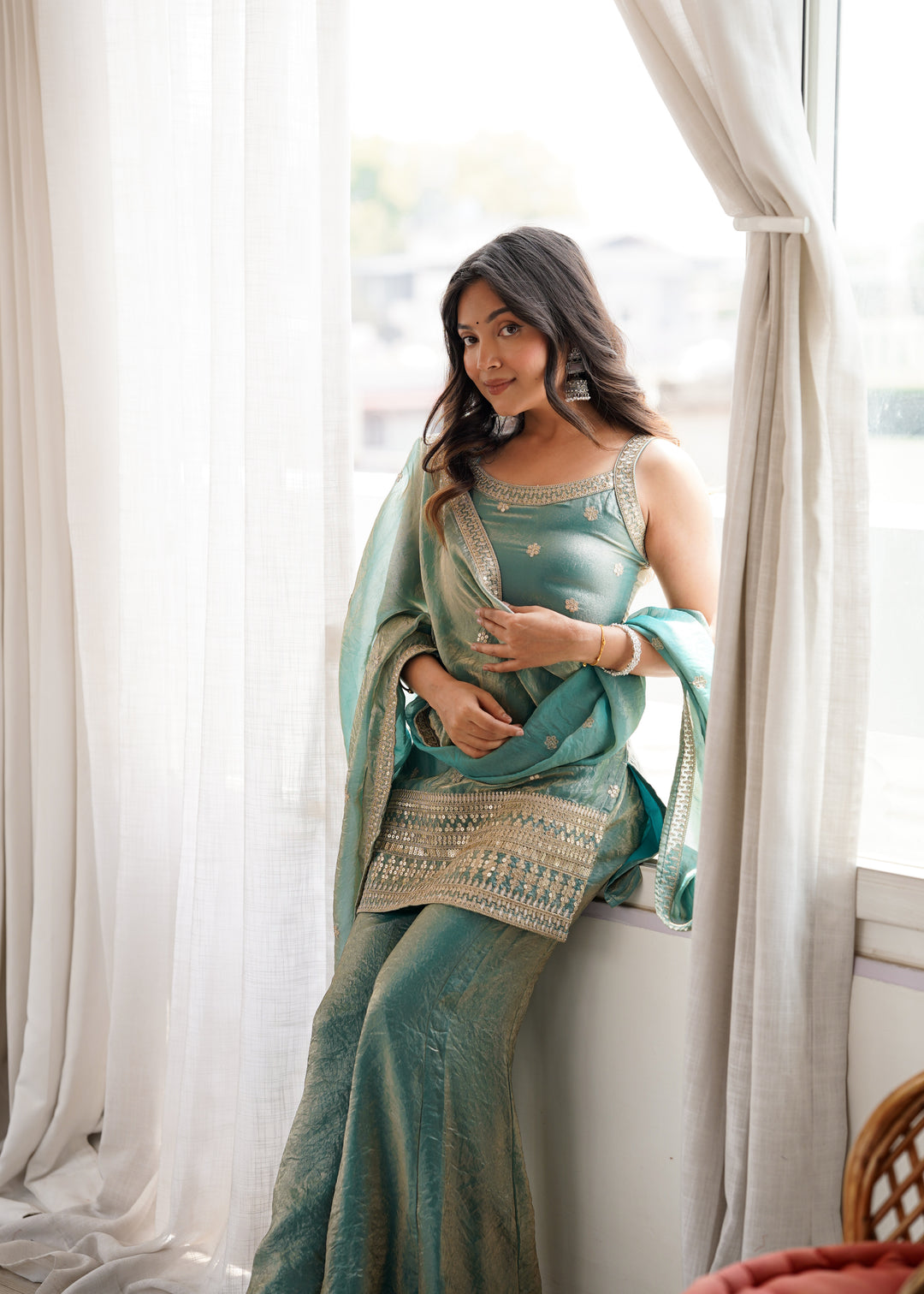 Elegant Sea Green Embroidered Kurta Set with Palazzo & Dupatta for Women