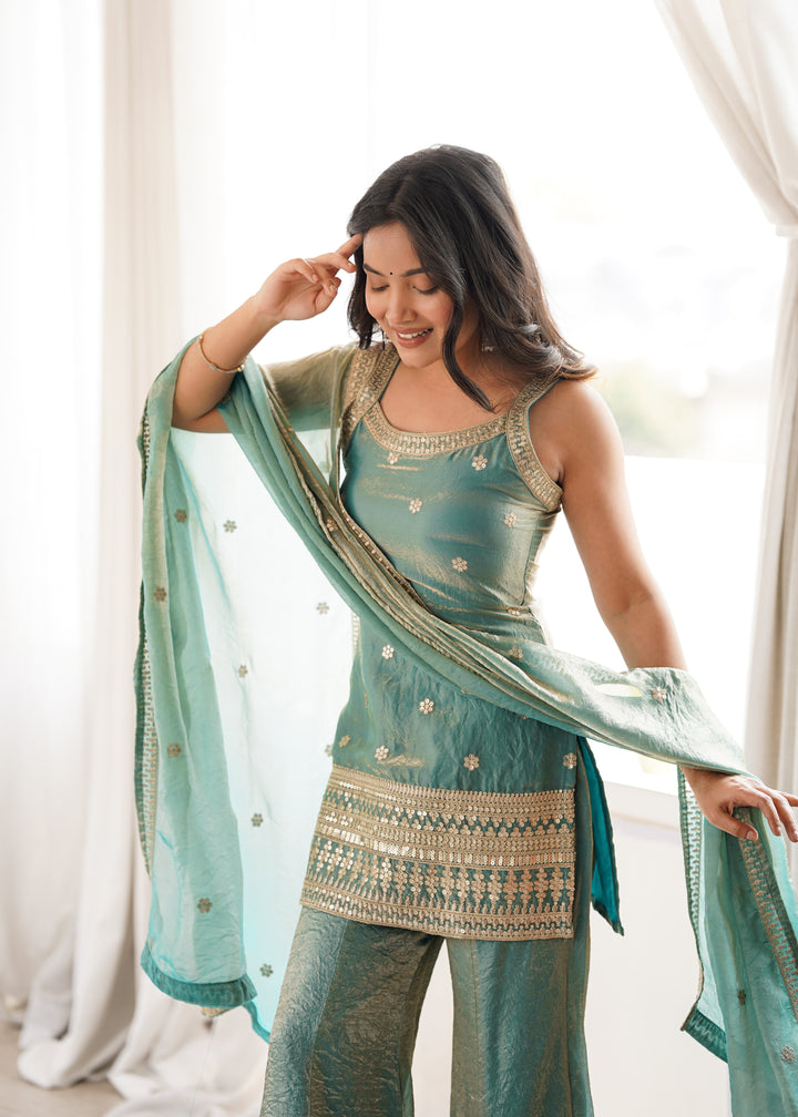 Elegant Sea Green Embroidered Kurta Set with Palazzo & Dupatta for Women