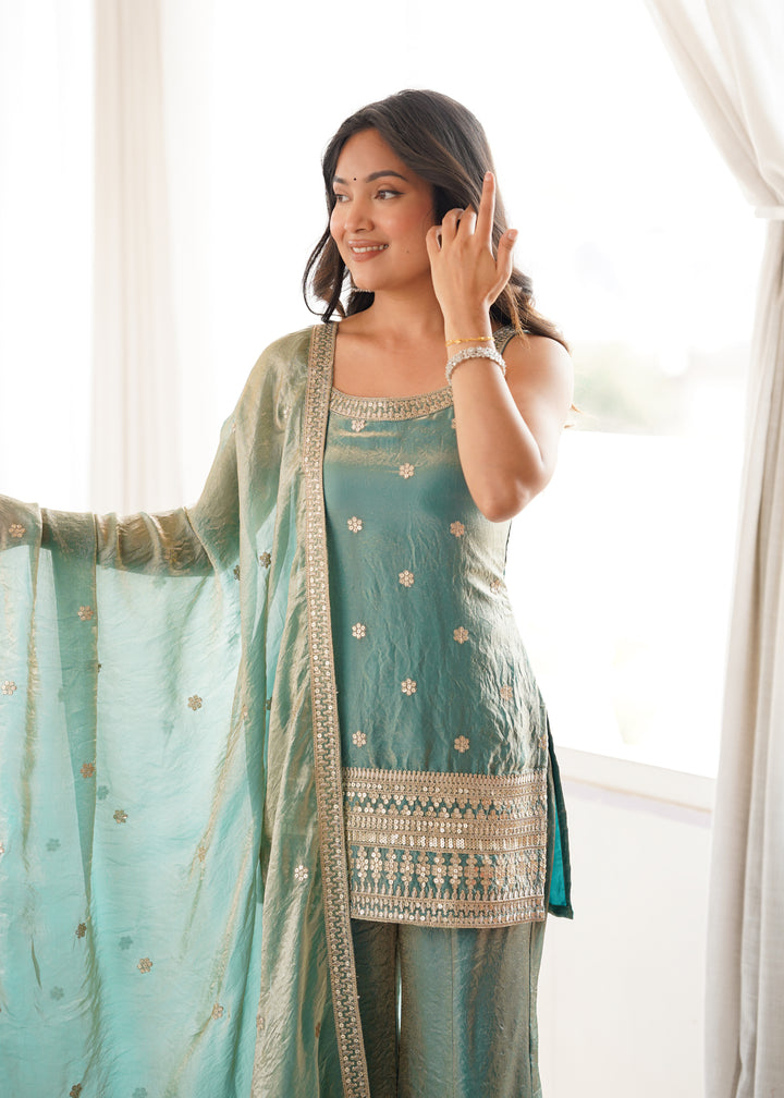 Elegant Sea Green Embroidered Kurta Set with Palazzo & Dupatta for Women