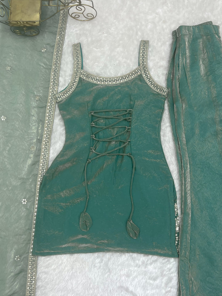 Elegant Sea Green Embroidered Kurta Set with Palazzo & Dupatta for Women