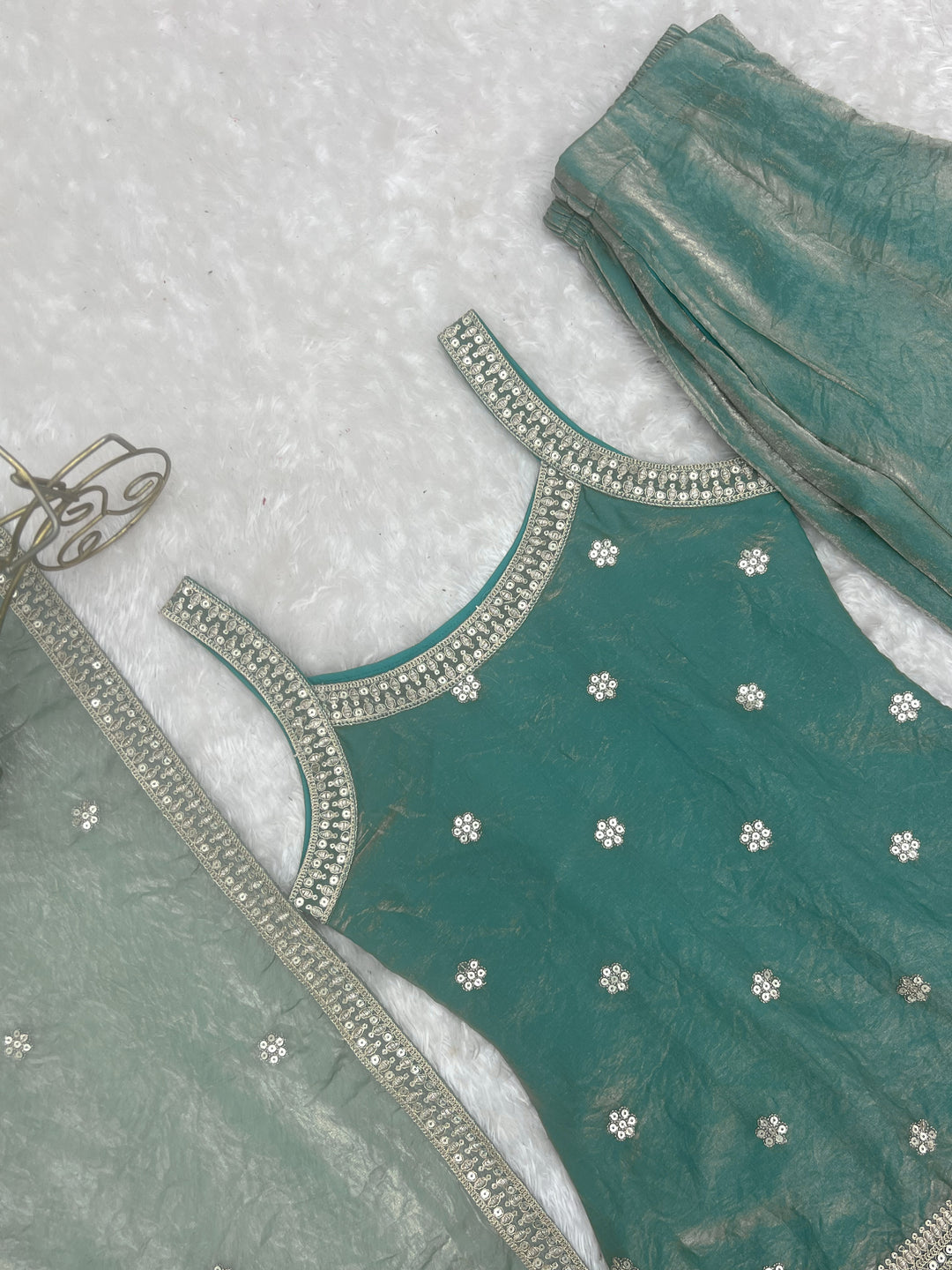 Elegant Sea Green Embroidered Kurta Set with Palazzo & Dupatta for Women