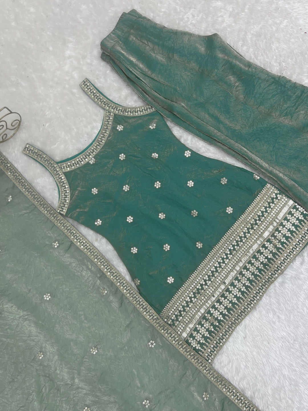 Elegant Sea Green Embroidered Kurta Set with Palazzo & Dupatta for Women