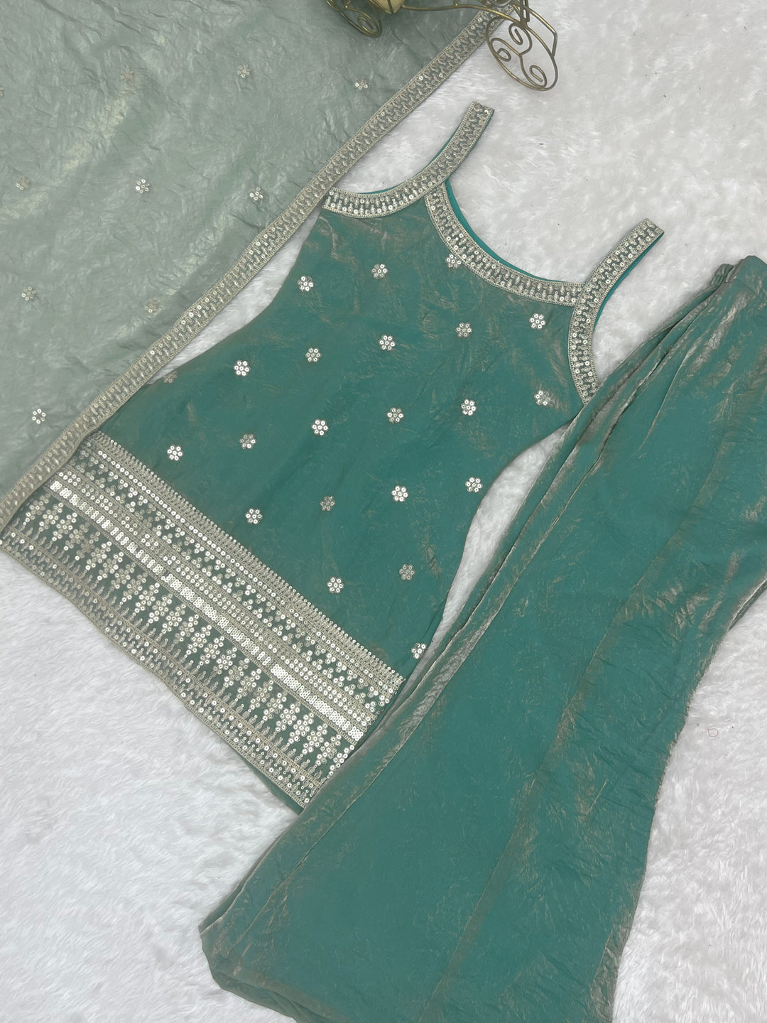 Elegant Sea Green Embroidered Kurta Set with Palazzo & Dupatta for Women