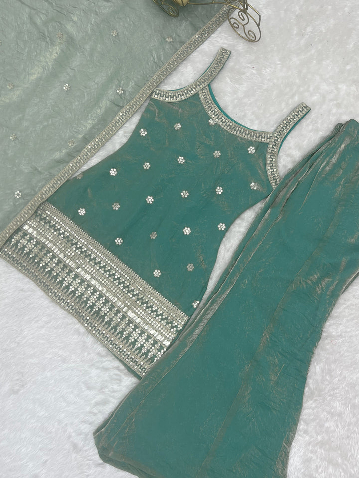 Elegant Sea Green Embroidered Kurta Set with Palazzo & Dupatta for Women