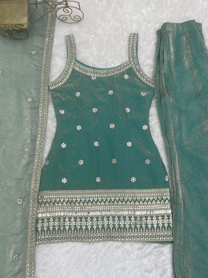 Elegant Sea Green Embroidered Kurta Set with Palazzo & Dupatta for Women