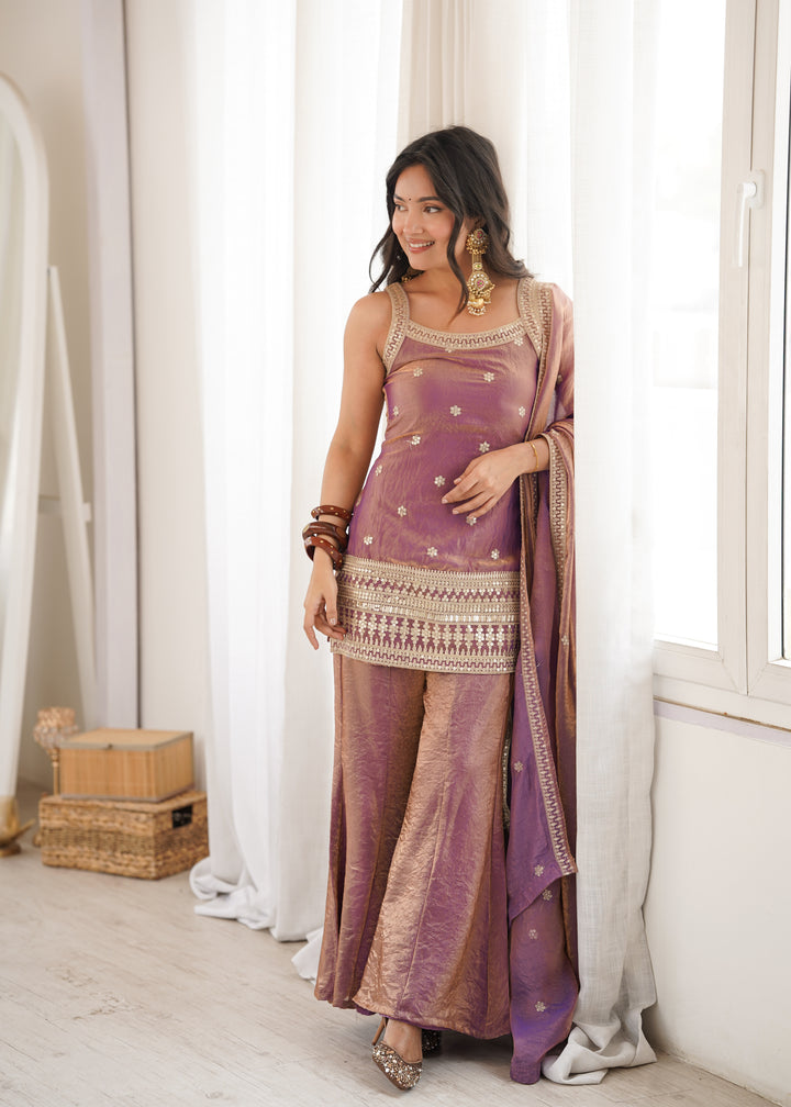 Mauve Tissue Sharara Set with Embroidered Kurti & Dupatta for Women
