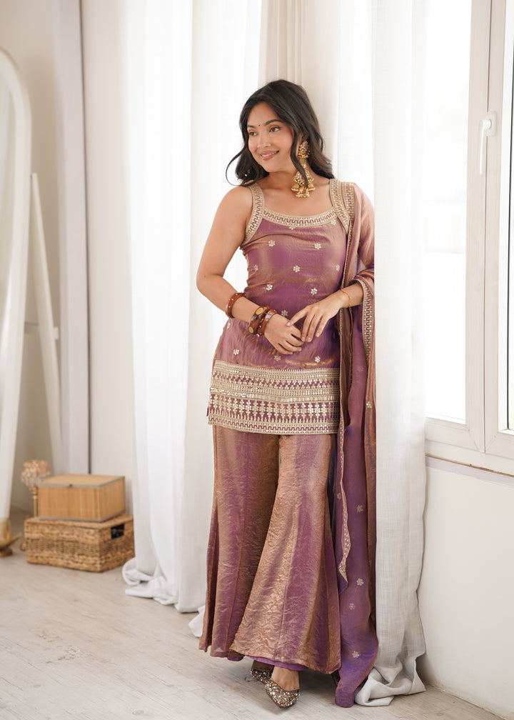 Mauve Tissue Sharara Set with Embroidered Kurti & Dupatta for Women