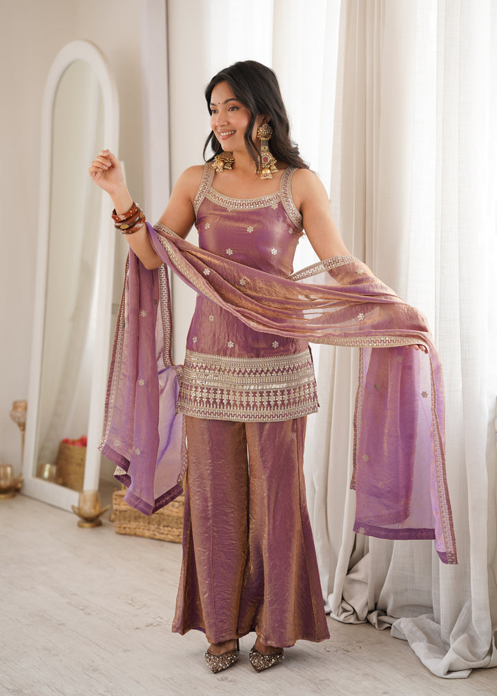 Mauve Tissue Sharara Set with Embroidered Kurti & Dupatta for Women