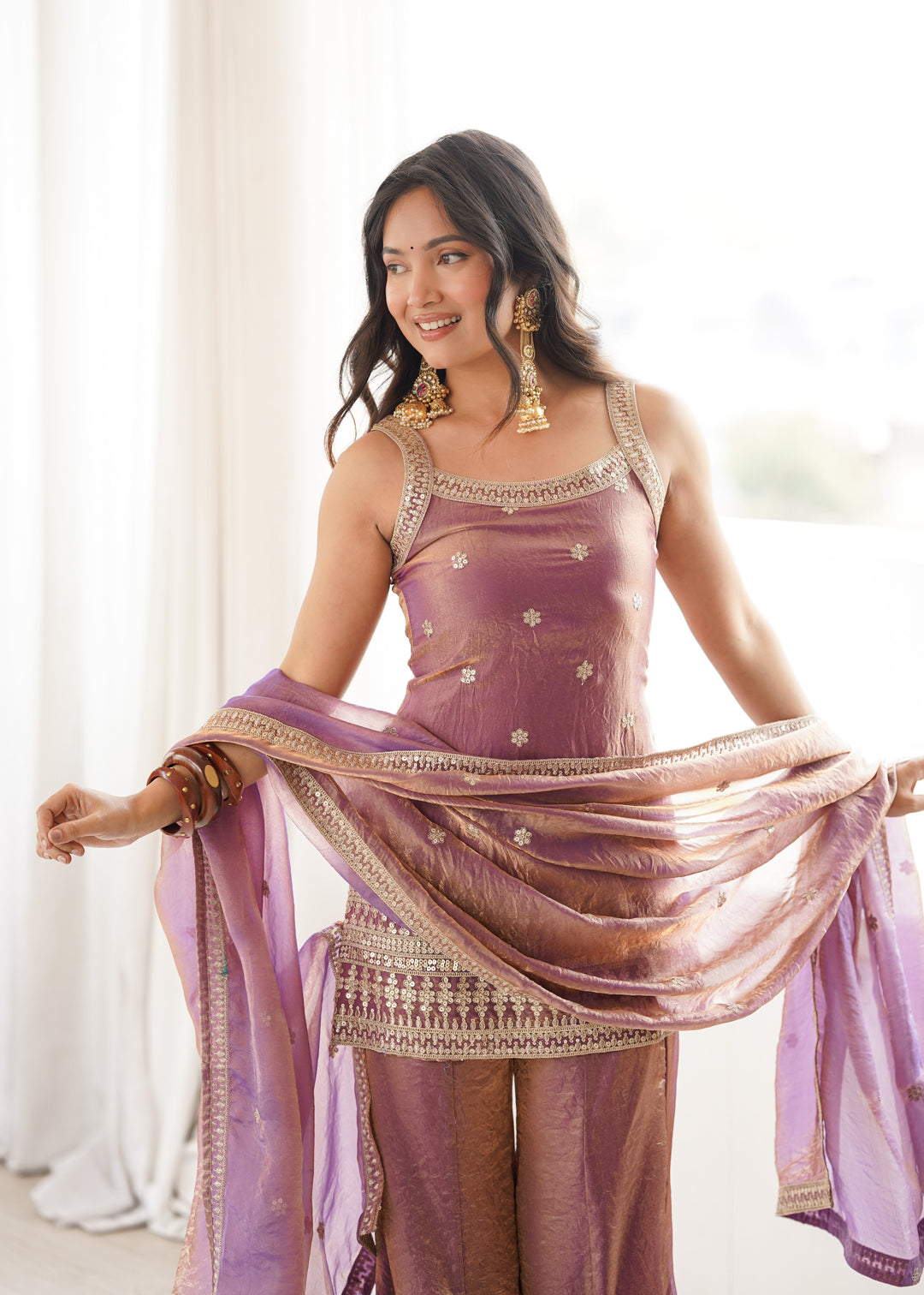Mauve Tissue Sharara Set with Embroidered Kurti & Dupatta for Women