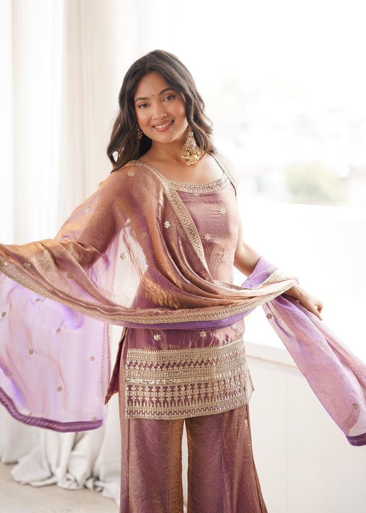 Mauve Tissue Sharara Set with Embroidered Kurti & Dupatta for Women