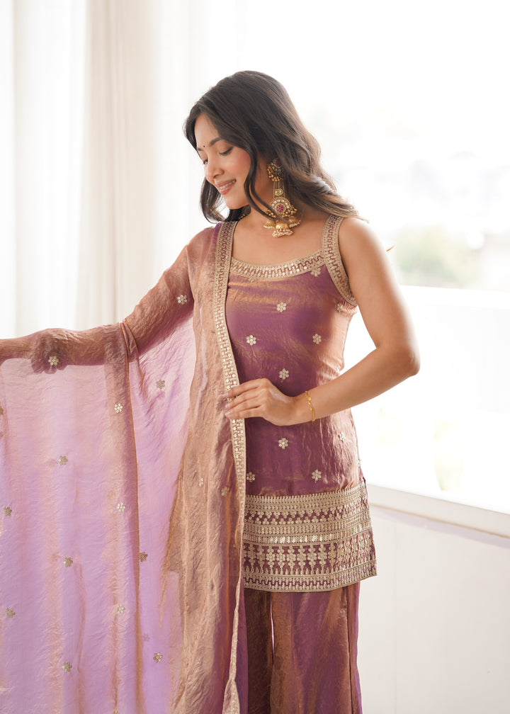 Mauve Tissue Sharara Set with Embroidered Kurti & Dupatta for Women