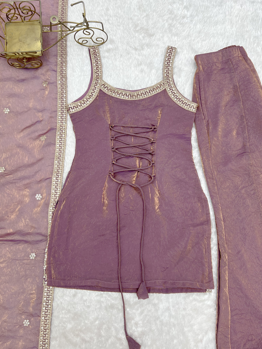 Mauve Tissue Sharara Set with Embroidered Kurti & Dupatta for Women