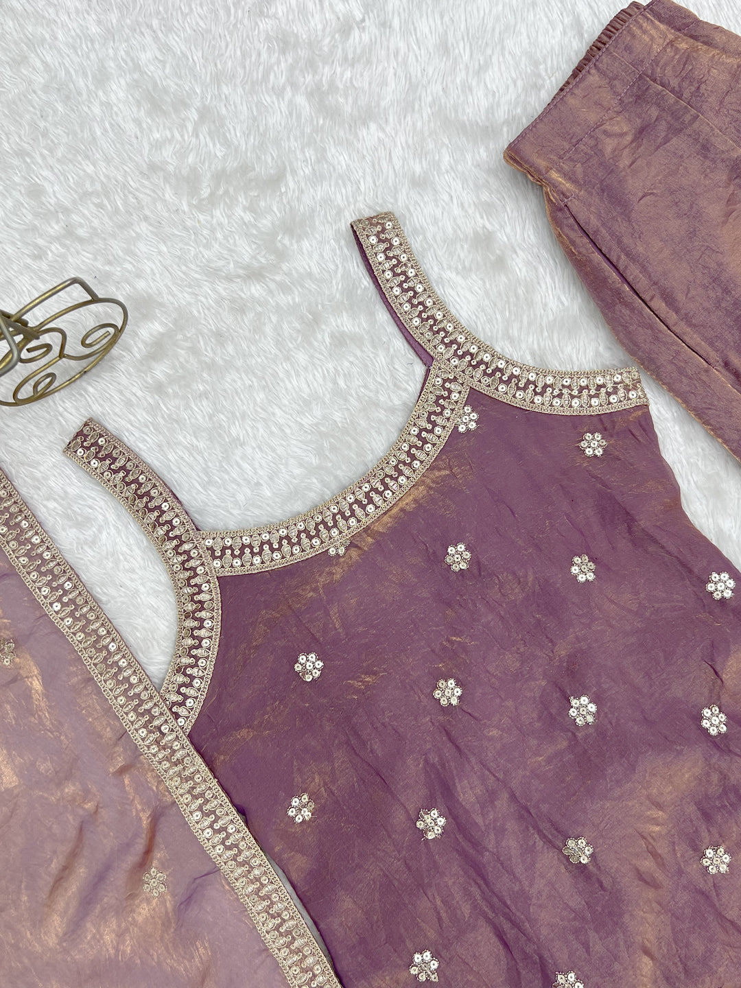 Mauve Tissue Sharara Set with Embroidered Kurti & Dupatta for Women