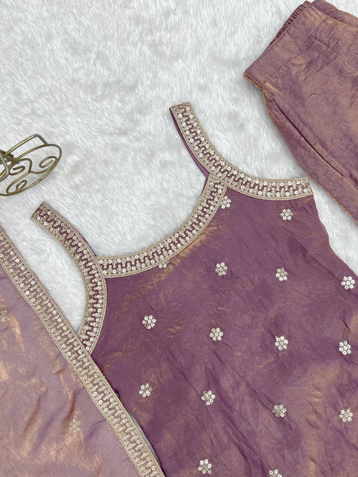 Mauve Tissue Sharara Set with Embroidered Kurti & Dupatta for Women