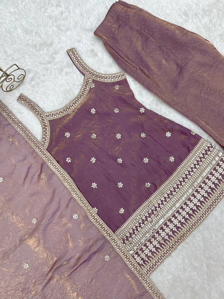 Mauve Tissue Sharara Set with Embroidered Kurti & Dupatta for Women