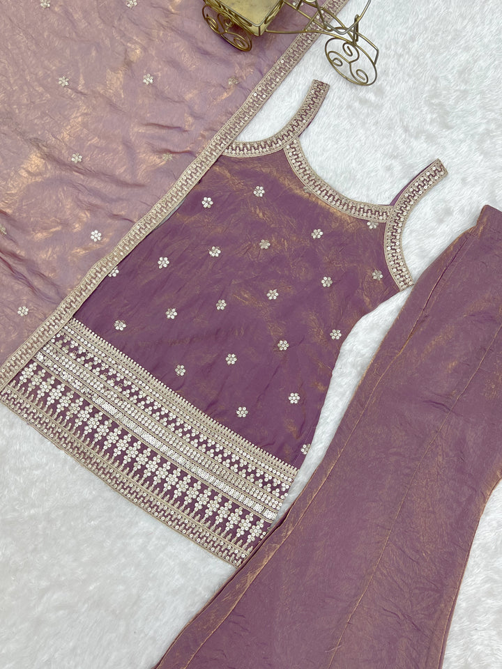 Mauve Tissue Sharara Set with Embroidered Kurti & Dupatta for Women