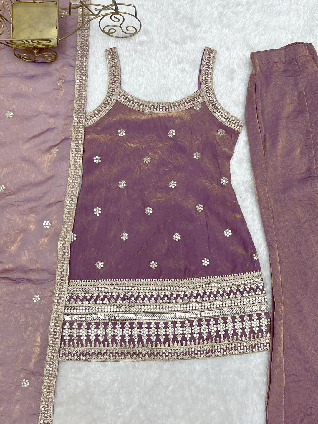 Mauve Tissue Sharara Set with Embroidered Kurti & Dupatta for Women