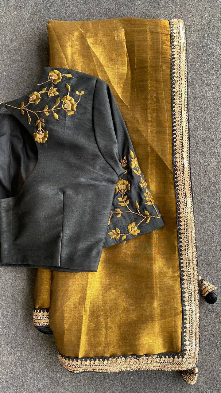"Elegant Golden Tissue Saree with Lace Border & Embroidered Black Blouse – Festive & Party Wear"