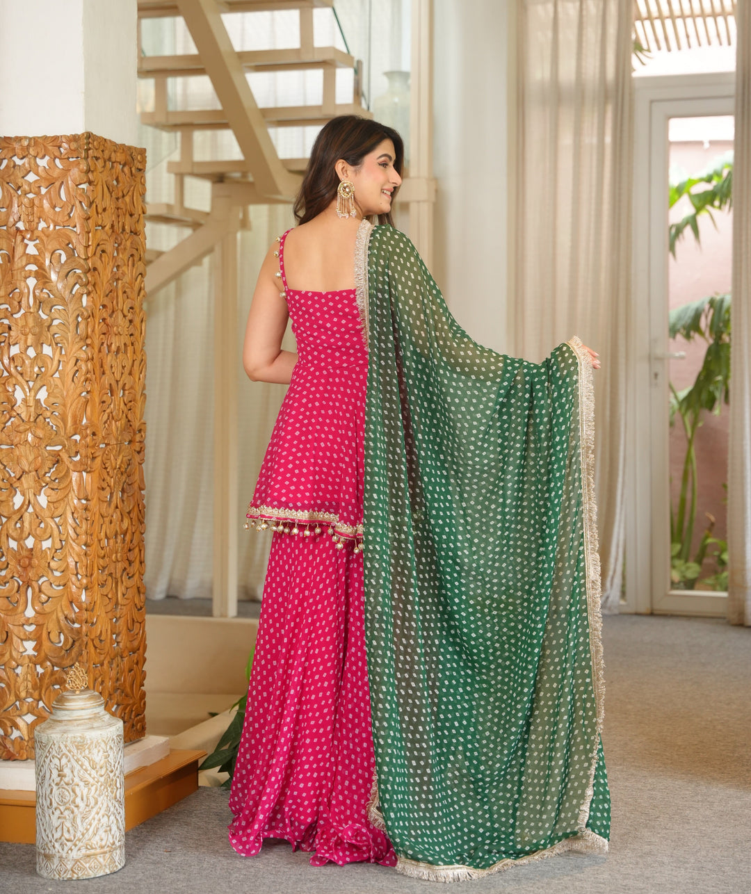 Pink Georgette Kurta Sharara Set with Embroidered Lace & Latkan Detailing