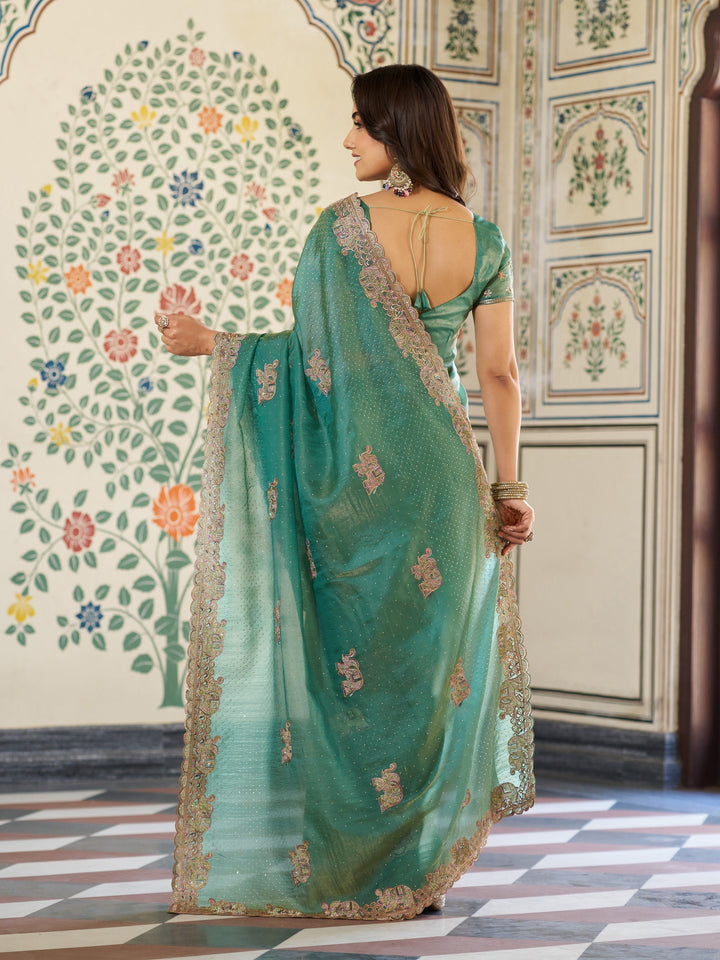 Sea Green Fendy Satin Embroidered Saree with Elephant Motifs & Heavy Zari Border | Designer Festive Wear Saree with Tassels & Embroidered Blouse